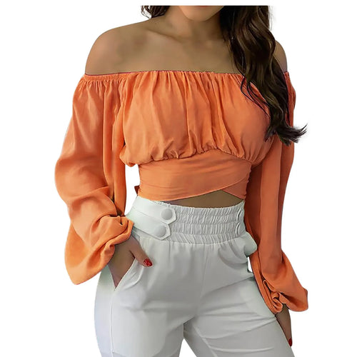 Obsidian Phoenix Women's Luxury Off-Shoulder Printed Blouse - Chic Lantern Long Sleeve Lace-Up Bow Cropped Top