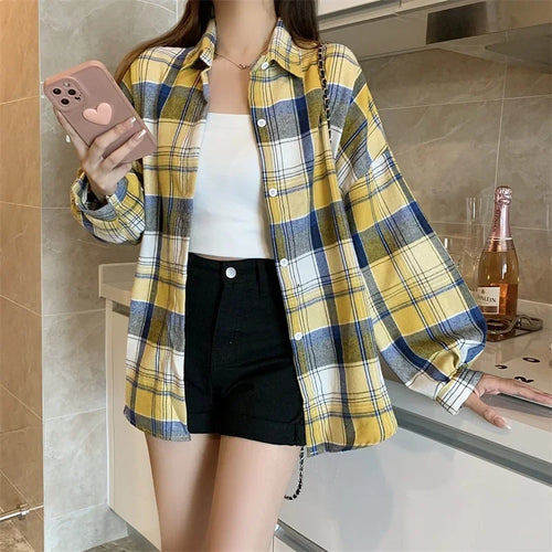 Celestial Comfort Women’s Plaid Shirt - Long-Sleeve Vintage Preppy Style Blouse, Single-Breasted and Loose Fit - Celestial Comfort Clothing