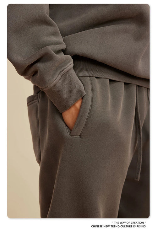 Obsidian Phoenix Luxury 355gsm Washed Fleece Sweatpants - Unisex Retro Loose-Fit Warm Joggers