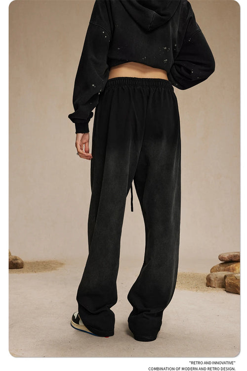 Obsidian Phoenix Luxury Retro Washed Heavyweight Pants - 450gsm Knitted Straight-Leg Unisex Sports Trousers