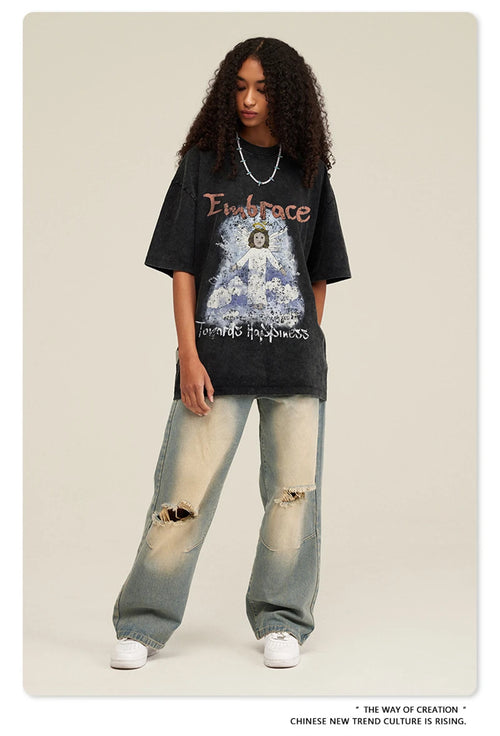 Obsidian Phoenix Unisex Luxury Angel Print T-Shirt - 270gsm Washed Cotton Retro Hip Hop Tee