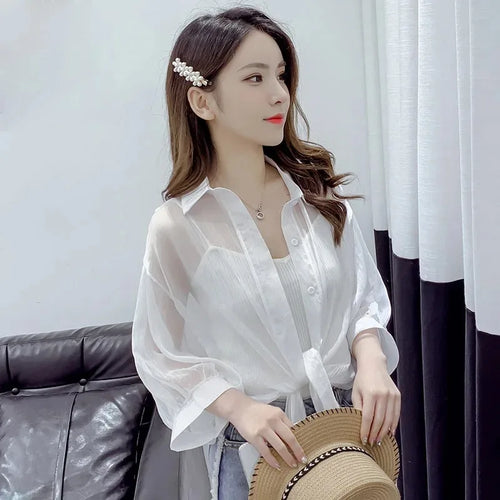 Obsidian Phoenix Women's Elegant Tied Waist Blouse - Casual Loose Hollow Solid Color Summer Chiffon Bat Sleeve Button Shirt