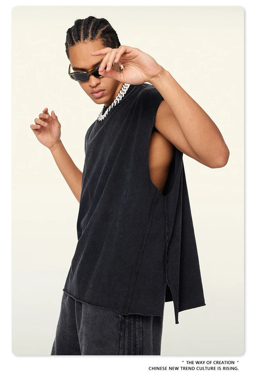 Obsidian Phoenix Unisex Luxury Washed Cotton Tank Top - 270gsm Vintage Relaxed-Fit Slit Sleeveless Vest