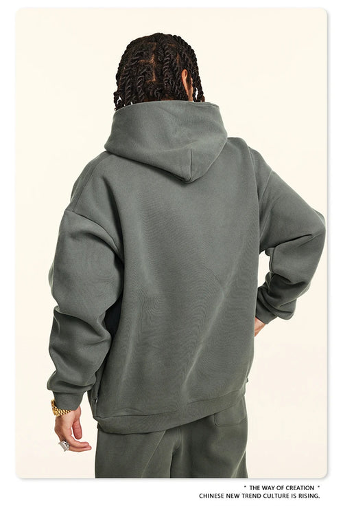 Obsidian Phoenix Unisex Luxury Solid Fleece Hoodie - 345gsm Loose-Fit Warm Hooded Pullover with Side Zipper Pockets