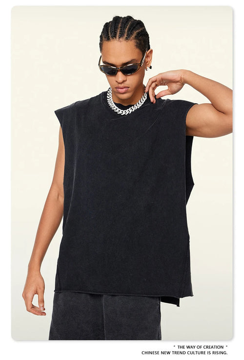 Obsidian Phoenix Unisex Luxury Washed Cotton Tank Top - 270gsm Vintage Relaxed-Fit Slit Sleeveless Vest