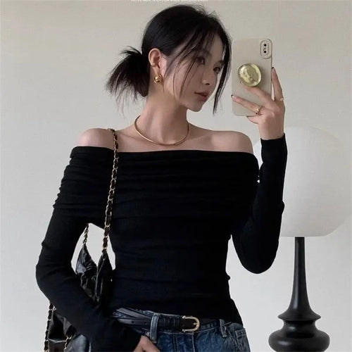 Obsidian Phoenix Women's Luxury Off-Shoulder T-Shirt - Sexy Long Sleeve Solid Black Crop Top