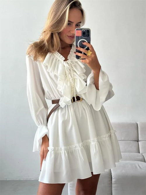 Obsidian Phoenix Luxury Ruffled V-Neck White Mini Dress - Elegant Long Sleeve High-Waist Lace-Up Bandage Dress for Women