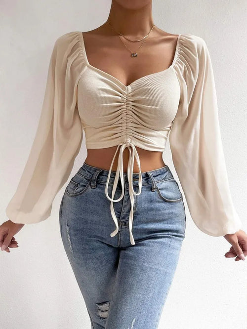 Obsidian Phoenix Women's Luxury Sweetheart Neck Crop Top - Drawstring Ruched Lantern Sleeve Slim Fit Blouse