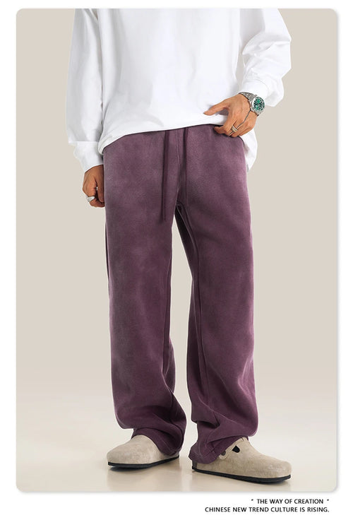 Obsidian Phoenix Unisex Luxury Washed Fleece Pants - 332gsm Retro High Street Warm Oversized Straight-Leg Trousers