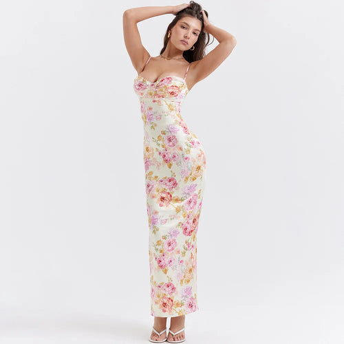 Obsidian Phoenix Women's Elegant Spaghetti Strap Floral Print Maxi Dress