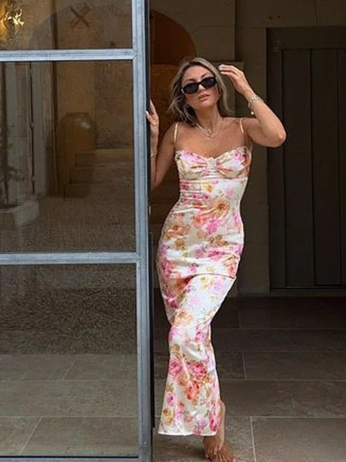 Obsidian Phoenix Women's Elegant Spaghetti Strap Floral Print Maxi Dress
