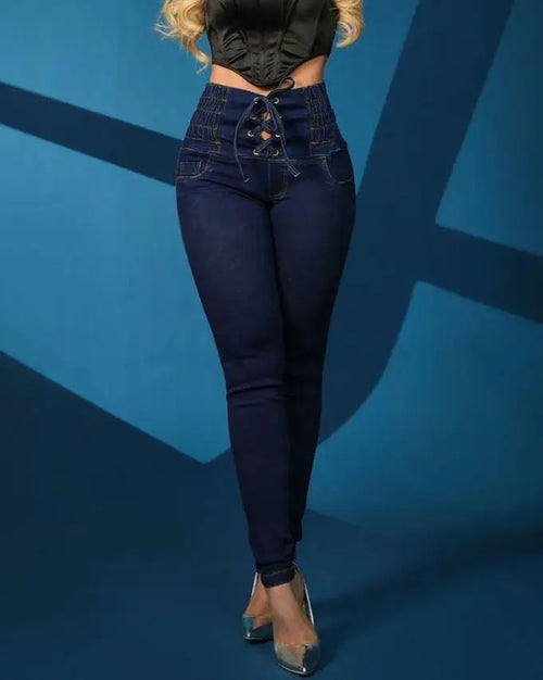 Obsidian Phoenix Women's High-Waist Skinny Jeans - Luxury Grommet Eyelet Lace-Up Denim Trousers with Pocket Design