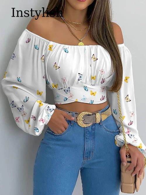 Obsidian Phoenix Women's Luxury Off-Shoulder Printed Blouse - Chic Lantern Long Sleeve Lace-Up Bow Cropped Top