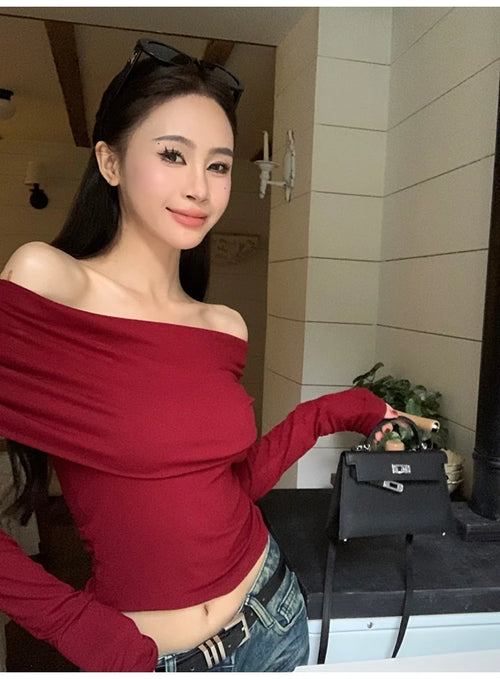 Obsidian Phoenix Women's Luxury Off-Shoulder T-Shirt - Sexy Long Sleeve Solid Black Crop Top