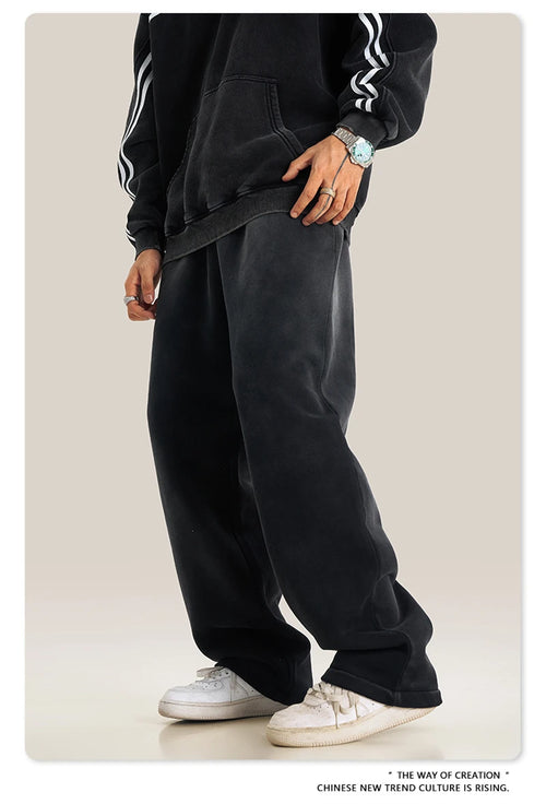 Obsidian Phoenix Unisex Luxury Washed Fleece Pants - 332gsm Retro High Street Warm Oversized Straight-Leg Trousers