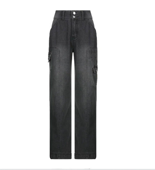 Obsidian Phoenix Women's High-Waist Straight-Leg Jeans - Luxury Irregular Pocket Design Casual Streetwear