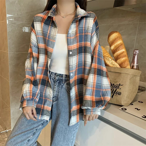 Celestial Comfort Women’s Plaid Shirt - Long-Sleeve Vintage Preppy Style Blouse, Single-Breasted and Loose Fit - Celestial Comfort Clothing