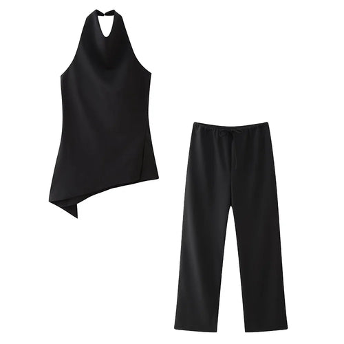 Celestial Comfort Two-Piece Set - Brown Pleated Halter Top & Straight Pants, Vintage Chic Women’s Pantsuit - Celestial Comfort Clothing