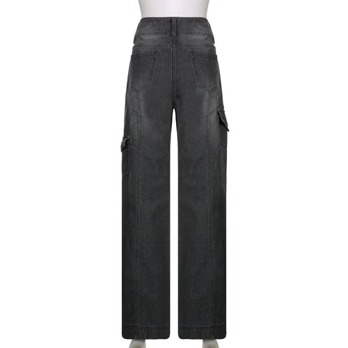 Obsidian Phoenix Women's High-Waist Straight-Leg Jeans - Luxury Irregular Pocket Design Casual Streetwear