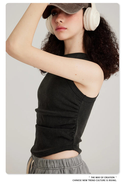 Obsidian Phoenix Women's Luxury Washed Cotton Tank Top - 315gsm Slim-Fit Pleated Arc-Hem Camisole