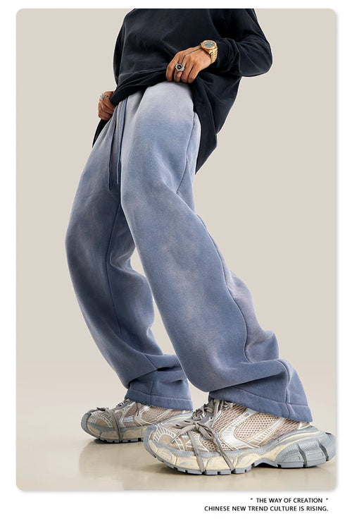 Obsidian Phoenix Unisex Luxury Washed Fleece Pants - 332gsm Retro High Street Warm Oversized Straight-Leg Trousers