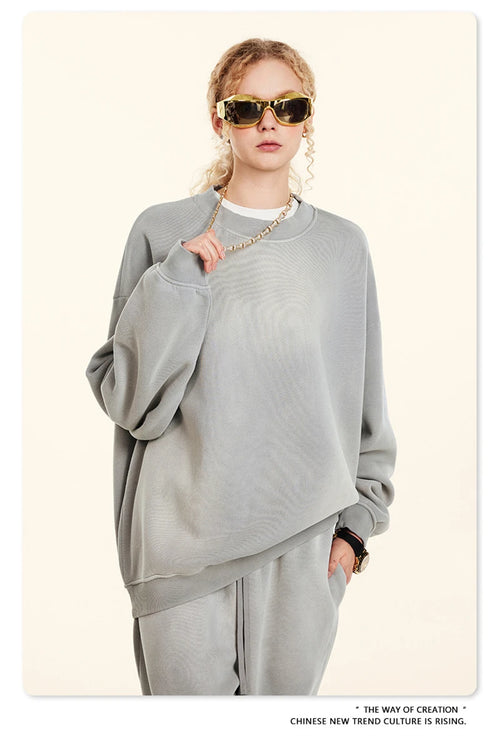 Obsidian Phoenix Unisex Luxury Monkey Washed Fleece Sweatshirt - 332gsm Vintage Loose-Fit Knitted O-Neck Pullover