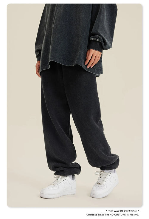 Obsidian Phoenix Luxury 355gsm Washed Fleece Sweatpants - Unisex Retro Loose-Fit Warm Joggers