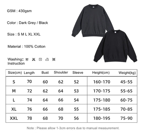 Obsidian Phoenix Unisex Luxury Distressed Cotton Sweatshirt - 430gsm High Street Loose-Fit O-Neck Pullover with Ripped Holes