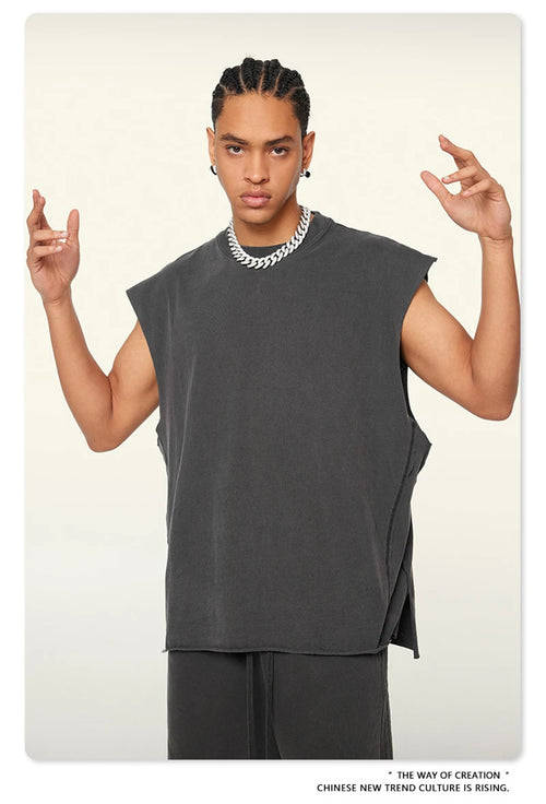 Obsidian Phoenix Unisex Luxury Washed Cotton Tank Top - 270gsm Vintage Relaxed-Fit Slit Sleeveless Vest