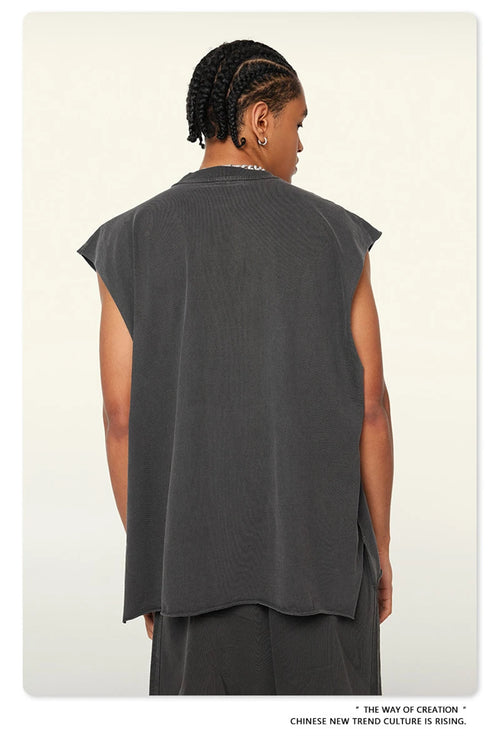 Obsidian Phoenix Unisex Luxury Washed Cotton Tank Top - 270gsm Vintage Relaxed-Fit Slit Sleeveless Vest