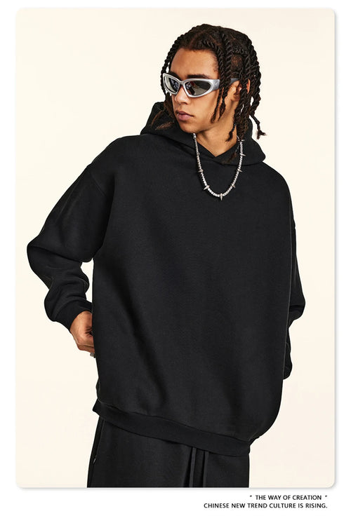 Obsidian Phoenix Unisex Luxury Solid Fleece Hoodie - 345gsm Loose-Fit Warm Hooded Pullover with Side Zipper Pockets
