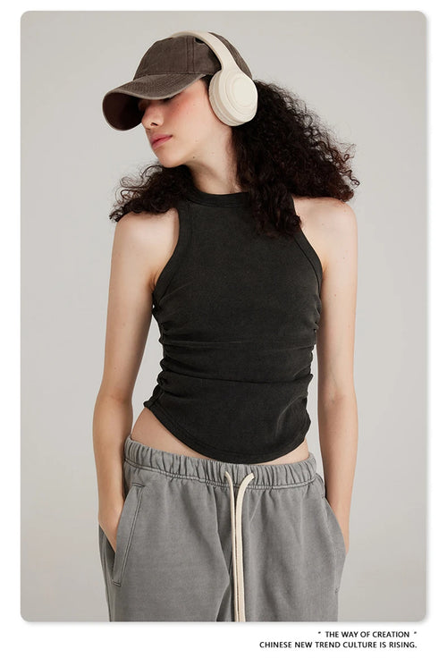 Obsidian Phoenix Women's Luxury Washed Cotton Tank Top - 315gsm Slim-Fit Pleated Arc-Hem Camisole