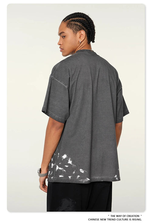 Obsidian Phoenix Unisex Luxury Heavyweight Washed T-Shirt - 310gsm Oversized Splash-Ink Cotton Tee