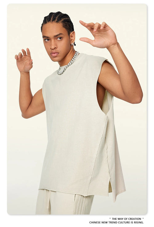 Obsidian Phoenix Unisex Luxury Washed Cotton Tank Top - 270gsm Vintage Relaxed-Fit Slit Sleeveless Vest