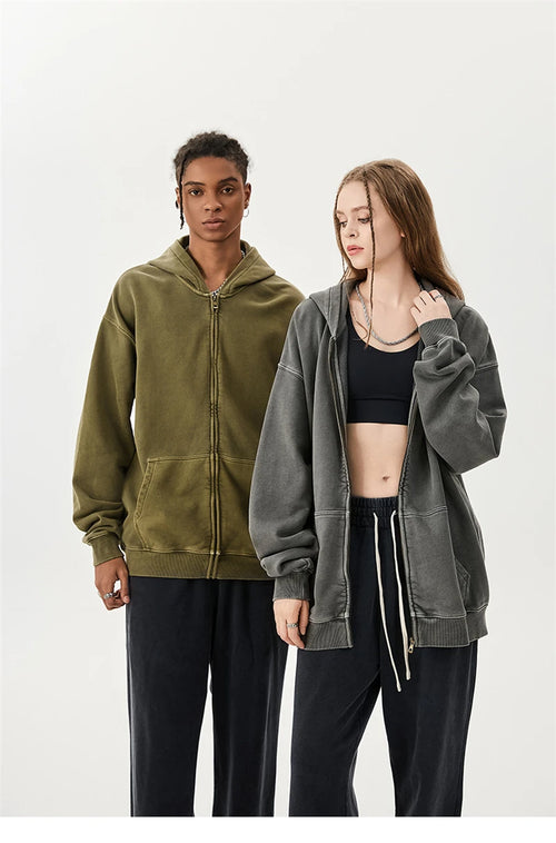 Obsidian Phoenix Unisex Luxury Batik Washed Zipper Hoodie - 420gsm Heavyweight Oversized Distressed 100% Cotton Hooded Jacket