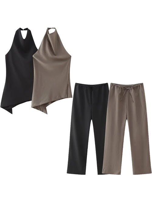 Celestial Comfort Two-Piece Set - Brown Pleated Halter Top & Straight Pants, Vintage Chic Women’s Pantsuit - Celestial Comfort Clothing