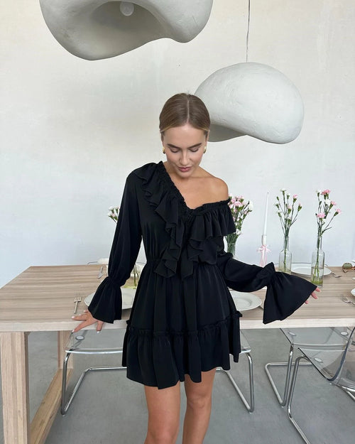 Obsidian Phoenix Luxury Ruffled V-Neck White Mini Dress - Elegant Long Sleeve High-Waist Lace-Up Bandage Dress for Women