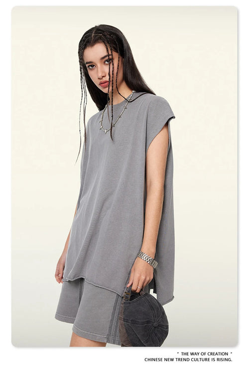 Obsidian Phoenix Unisex Luxury Washed Cotton Tank Top - 270gsm Vintage Relaxed-Fit Slit Sleeveless Vest