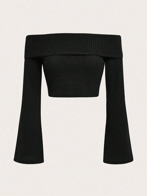 Obsidian Phoenix Women's Luxury Off-Shoulder Rib-Knit Crop Top - Sexy Flare Sleeve Fleece Blouse
