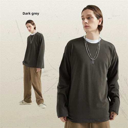 Obsidian Phoenix Unisex Luxury Solid Cotton T-Shirt - 230gsm Loose-Fit O-Neck Long-Sleeve Tee