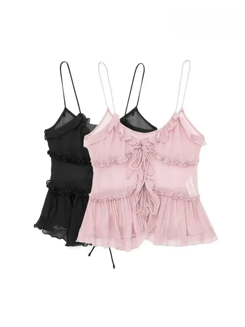 Celestial Comfort Ruffled Front Tie Tank Top - Semi-Sheer, Backless with Thin Straps, Sexy Women’s Camisole - Celestial Comfort Clothing