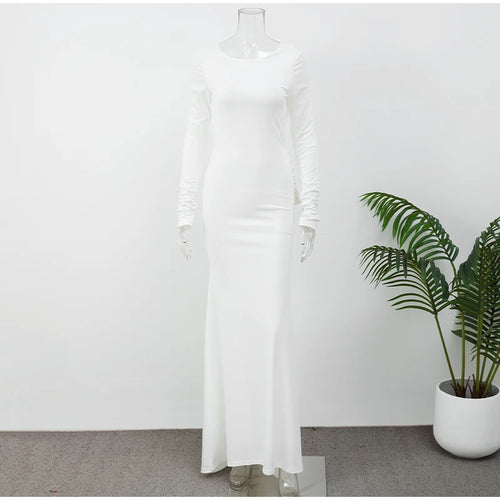 Celestial Comfort Backless White Long Sleeve Dress - Slim Fit, Pleated Elegant Design, Round Neck Evening Gown - Celestial Comfort Clothing