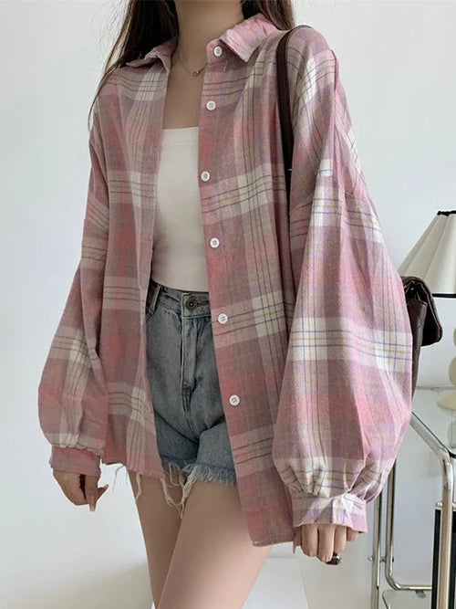 Celestial Comfort Women’s Plaid Shirt - Long-Sleeve Vintage Preppy Style Blouse, Single-Breasted and Loose Fit - Celestial Comfort Clothing