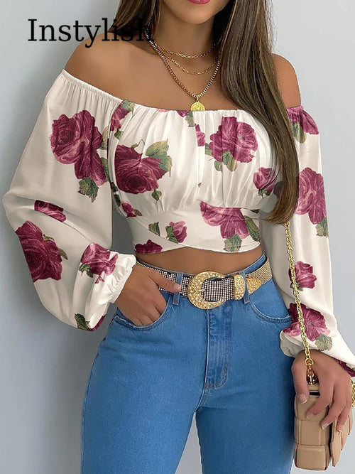 Obsidian Phoenix Women's Luxury Off-Shoulder Printed Blouse - Chic Lantern Long Sleeve Lace-Up Bow Cropped Top