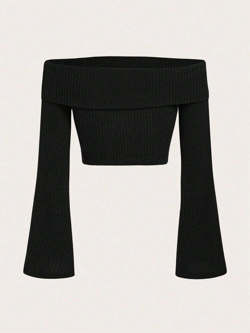 Obsidian Phoenix Women's Luxury Off-Shoulder Rib-Knit Crop Top - Sexy Flare Sleeve Fleece Blouse