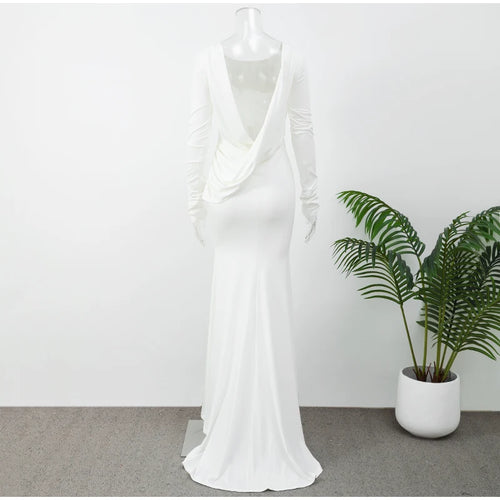 Celestial Comfort Backless White Long Sleeve Dress - Slim Fit, Pleated Elegant Design, Round Neck Evening Gown - Celestial Comfort Clothing