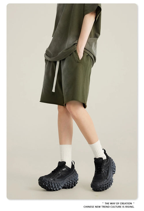 Obsidian Phoenix Unisex Luxury Solid Cotton Shorts - High Street Side-Slit Knee-Length Pants