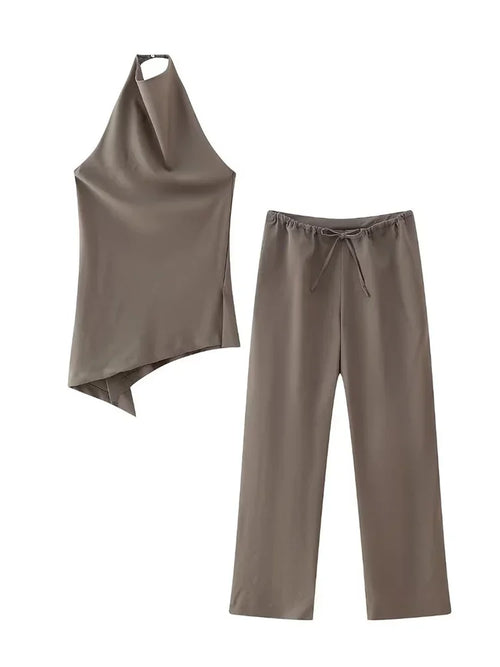 Celestial Comfort Two-Piece Set - Brown Pleated Halter Top & Straight Pants, Vintage Chic Women’s Pantsuit - Celestial Comfort Clothing