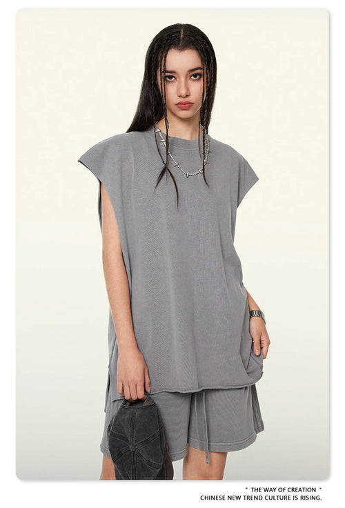 Obsidian Phoenix Unisex Luxury Washed Cotton Tank Top - 270gsm Vintage Relaxed-Fit Slit Sleeveless Vest