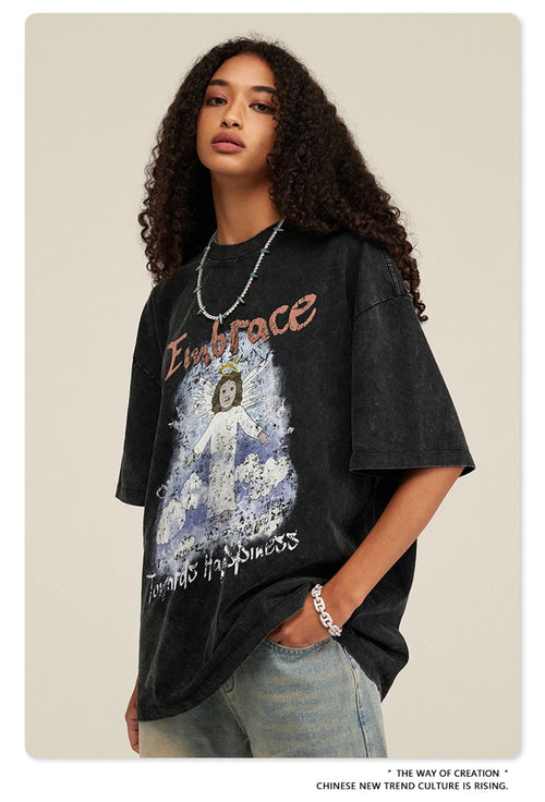 Obsidian Phoenix Unisex Luxury Angel Print T-Shirt - 270gsm Washed Cotton Retro Hip Hop Tee